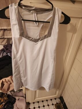 White Crowned Athletics Racerback Tank with Metallic Silver Trim